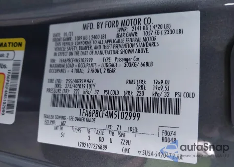 2021 Ford Mustang Gt Premium Fastback из США, поврежденный, VIN 1FA6P8CF4M5102999